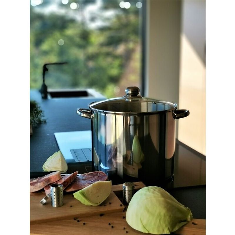 Pinnekjøttgryte 18L med Dampkurv - Stor Stålgryte til Induksjon | Glasslokk